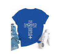 The Day Cancer Showed Up in My Life - Camiseta con cuello en V y texto "God Showed Up Bigger", Azul Zafiro, S