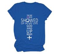 The Day Cancer Showed Up in My Life - Camiseta con cuello en V y texto "God Showed Up Bigger", Azul zafiro-1, S