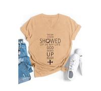 The Day Cancer Showed Up in My Life - Camiseta con cuello en V y texto "God Showed Up Bigger", caqui, S
