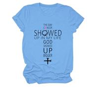 The Day Cancer Showed Up in My Life - Camiseta con cuello en V y texto "God Showed Up Bigger", Carolina Blue-1, S