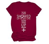 The Day Cancer Showed Up in My Life - Camiseta con cuello en V y texto "God Showed Up Bigger", Claret-1, S