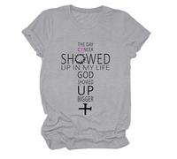 The Day Cancer Showed Up in My Life - Camiseta con cuello en V y texto "God Showed Up Bigger", Gris-1, S