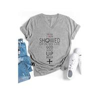 The Day Cancer Showed Up in My Life - Camiseta con cuello en V y texto "God Showed Up Bigger", gris, S