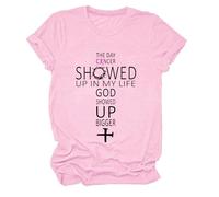 The Day Cancer Showed Up in My Life - Camiseta con cuello en V y texto "God Showed Up Bigger", Rosa-1., S