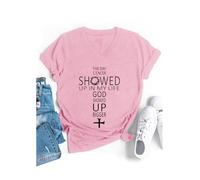 The Day Cancer Showed Up in My Life - Camiseta con cuello en V y texto "God Showed Up Bigger", rosa, S