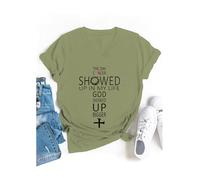The Day Cancer Showed Up in My Life - Camiseta con cuello en V y texto "God Showed Up Bigger", verde, S