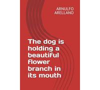 The dog is holding a beautiful flower branch in its mouth