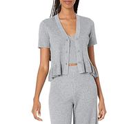 The Drop Catalina Cárdigan de Punto Acanalado con Volante Peplum para Mujer, Gris jaspeado., 4XL Grande