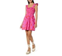 The Drop Kari - Minivestido Fruncido con Hombros con Volantes para Mujer, Color Rojo Tomate/Rosa, Estampado Floral Retro, Talla XXS