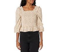 The Drop Marisol Top Corto de Nido de Abeja de Manga Larga con Volantes para Mujer, Estampado de lunares blanco/praliné, L