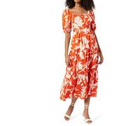 The Drop Vestido Largo Anaya con Volantes, Detalle Cut-out Y Escote Cuadrado, Estampado De Follaje Rojo Tomate, XL