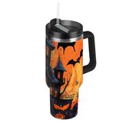 The Evil Yellow Pumpkin Castle on Halloween - Botella de agua reutilizable al vacío con tapa y pajita, taza de café decorativa para hombres, para escuela, deportes, guardería, campamento y más, baso