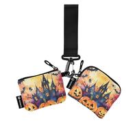 The Evil Yellow Pumpkin Castle on Halloween - Carteras de muñeca dobles para mujer, soporte plano delgado para dinero con bolsillo con cremallera para mujer, 2 paquetes de tarjetas de crédito para