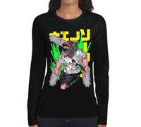 the Fan Tee Camiseta de Adulto de Manga Larga de Mujer Dibujos Animados Chainsaw Man Anime Gore Denji, Sangre, Dientes de Acero, Pochita, Makima, AKI Hayakawa 004 S