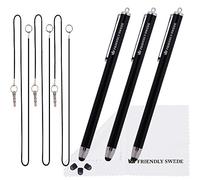 The Friendly Swede Juego de 3 Lápices Táctiles de Punta Fina para Pantalla Táctil + Puntas de Repuesto, Cordones Elásticos, Limpiadora en Microfibra (Negro)