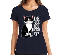 The Fuck You Lookin At Tuxedo Cat Grumpy Sarcastic - Camiseta para mujer, azul marino, S