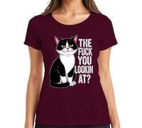 The Fuck You Lookin At Tuxedo Cat Grumpy Sarcastic - Camiseta para mujer, granate, M