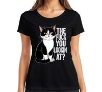 The Fuck You Lookin At Tuxedo Cat Grumpy Sarcastic - Camiseta para mujer, Negro , M