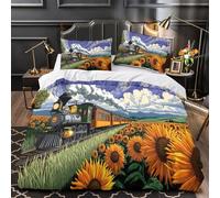 The Girasol Train Shuttles Through A Sea of Blooming Flores 3D Juego De Cama De Microfibra, Funda Nórdica Estampada con Fundas De Almohada para Y Adultos Y Adolescentes Super King(260x220cm)