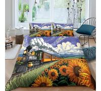 The Girasol Train Shuttles Through A Sea of Blooming Flores Funda De Edredón 3D,Juego De Cama De,y Fundas De Almohada Suave Transpirable Microfibra,3 Piezas para Niñas Y Niños King(220x240cm)