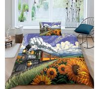 The Girasol Train Shuttles Through A Sea of Blooming Flores Juegos De Ropa De Cama Impresión 3D,Microfibra Funda De Edredón Y Fundas De Almohada 3 Unidades para Niños Y Adultos Single(135x200cm)