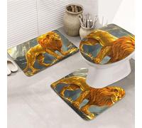 The Golden Lion Is - Juego de 3 alfombras de baño con estampado grande, alfombrilla de baño + alfombrilla de contorno + funda para asiento de inodoro, lavable a máquina, antideslizante, de microfibra