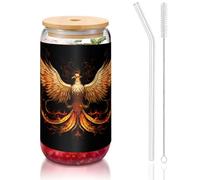 The Golden Phoenix - Taza de vidrio con tapa de bambú de 16 onzas, tazas de café helado, tazas de té helado, tazas de cerveza, ideales para accesorios de cafetería, regalos estéticos