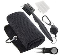 THE GOLFER STORE Kit de Accesorios de Golf, Paquete 3 en 1: Toalla de Golf de Microfibra con patrón de gofre con Clip, Cepillo de Club y Limpiador de Ranuras, Herramienta Divot con Marcador, para