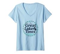 The Great Lake Times: Nostalgia Costera Camiseta Cuello V, Mujer, Azul Bebé, M