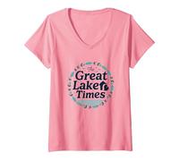 The Great Lake Times: Nostalgia Costera Camiseta Cuello V, Mujer, Rosado, M