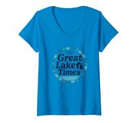 The Great Lake Times: Nostalgia Costera Camiseta Cuello V, Mujer, Zafiro, M