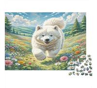 The Great Pyrenees Rompecabezas de Papel Resistente Samoyedo Corriendo en Prado de Flores Coloridas, estímulo Mental para aliviar el estrés 38x26cm/1000 Piezas