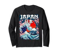 The Great Wave - Bandera Japonesa Envejecida de Recuerdo de Japón Manga Larga