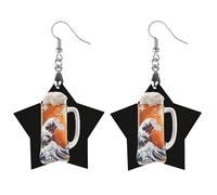 The Great Wave of Beer - Pendientes colgantes de madera para mujer, diseño de gota, Love, Madera, Sin piedra preciosa