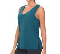 THE GYM PEOPLE Camiseta sin mangas con cuello en V para mujer, elástica, holgada, sin mangas, de secado rápido, para yoga, con abertura lateral, Azul oscuro y verde., M