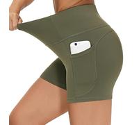 THE GYM PEOPLE Pantalones cortos de yoga de cintura alta para mujer, control de abdomen, fitness, atletismo, entrenamiento, correr, con bolsillos profundos, Verde oliva, M