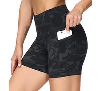 THE GYM PEOPLE Pantalones cortos de yoga de cintura alta para mujer, control de abdomen, fitness, atletismo, entrenamiento, correr, con bolsillos profundos, Camo Negro, S