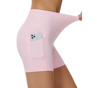THE GYM PEOPLE Pantalones cortos de yoga de cintura alta para mujer, elásticos, control de abdomen, pantalones cortos para entrenamiento y correr, con bolsillos laterales, Rosa claro, M
