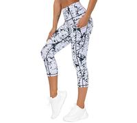 THE GYM PEOPLE Pantalones de yoga gruesos de cintura alta con bolsillos, control de abdomen, leggings de yoga para mujer, Capris Marble White, X-Large