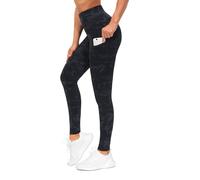 THE GYM PEOPLE Pantalones de yoga gruesos de cintura alta con bolsillos, control de abdomen, leggings de yoga para mujer, Azul/gris oscuro/negro, Large