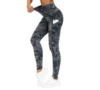THE GYM PEOPLE Pantalones de yoga gruesos de cintura alta con bolsillos, control de abdomen, leggings de yoga para mujer, Mármol gris, Large