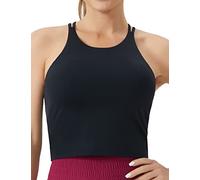 THE GYM PEOPLE Sujetador deportivo con espalda cruzada para mujer, cuello halter, camiseta sin mangas con almohadillas extraíbles, Negro -, Small