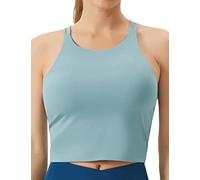 THE GYM PEOPLE Sujetador deportivo con espalda cruzada para mujer, cuello halter, camiseta sin mangas con almohadillas extraíbles, Azul mezclilla, Small