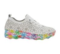 The Happy Monk - CALPE Zapatilla Mujer Piel Blanca con Flores Grabadas Láser, Cordones Elásticos, Cuña 4 cm y Plantilla Memory Foam Extraíble Mujer Color: Multicolor Talla: 37