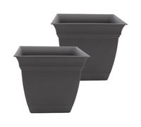 The HC Companies Eclipse Maceta Cuadrada de 10 Pulgadas con platillo, Maceta para Interiores y Exteriores, para Flores, Verduras, Hierbas, Color Gris cálido (Paquete de 2)