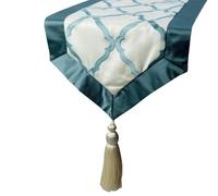 The HomeCentric Decorativo Azul Camino de Mesa, 35 x 225 cm Satín Camino de Mesa, Celosía y borlas, Geométrico Manteleria, Moderno Decoración de Boda - Adonia