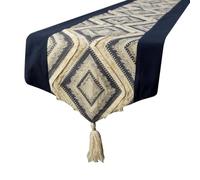 The HomeCentric Diseñador Azul Camino de mesa, 35 x 160 cm Seda Jacquard Camino de mesa, Marroquí, Borlas y Encaje, Geométrico Manteleria, Contemporáneo Decoración de boda - Aissa