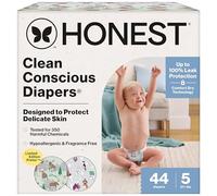 The Honest Company Clean Conscious - Pañales para pieles delicadas, hasta 100 % a prueba de fugas, hipoalergénicos, sin fragancia, impresiones de edición limitada Winter '25, caja club, talla 5 (27+