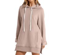 The Hoodie Dress - Sudadera casual de gran tamaño para mujer, sudadera larga con dobladillo dividido con bolsillos, vestido con capucha de gran tamaño, caqui, S