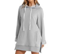 The Hoodie Dress - Sudadera casual de gran tamaño para mujer, sudadera larga con dobladillo dividido con bolsillos, vestido con capucha de gran tamaño, gris, S